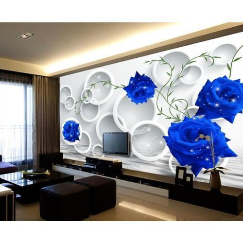 3d mural wallpaper 3D stereoscopic circle blue roses minimalist TV backdrop mural 3d stereoscopic wallpaper