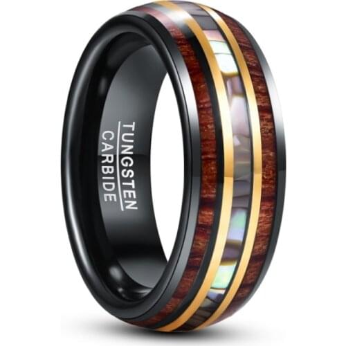 8mm Black Gold Inlaid Wood Grain Abalone Shell Tungsten Carbide Ring Mens Fashion Wedding Rings