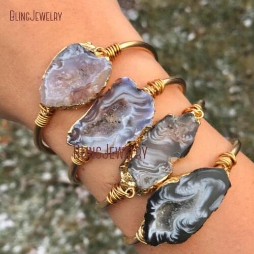 BM11264 Geode Agates Slice Bracelet Cuff Raw Brass Cuff Bangle Minimalist Druzy Geode Jewelry