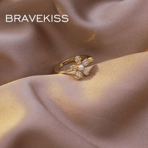 BRAVEKISS NEW Flowers Cubic Zirconia Rings Luxury CZ Stone With Open Yellow Gold Color Ring Fashion Jewelry For Women PR0243