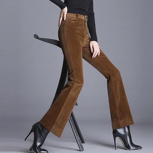 Fall Winter Casual Women Black Beige High Waisted Flare Corduroy Pants , 2018 Autumn 4xl Slim Full Length Trousers For Woman