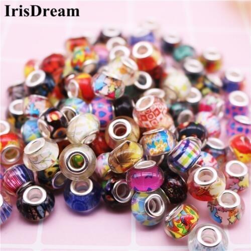 50Pcs/Lot Big Hole Mixed Color Round Loose Resin Beads Charms Fit European Pandora Bracelet Necklace For DIY Jewelry Gift Women