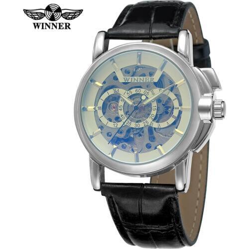 WINNER WATCH blue and light yellow surface creative design reverse black leather strap mens automatic watch