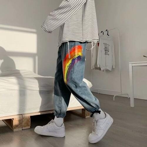 Spring/Autumn jeans male Street fashion ins Drawstring feet Mens Korean style trendy loose pants Colorful paint pattern jeans