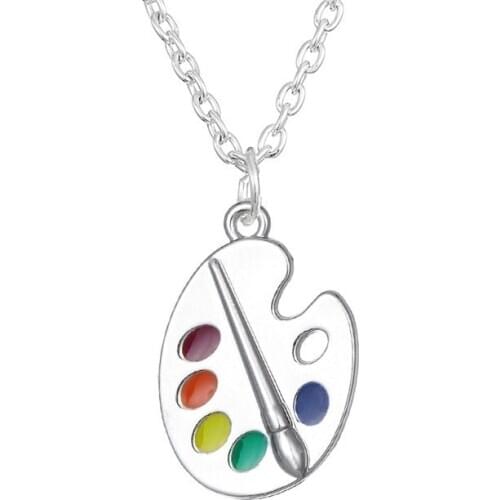 Enamel Colorful Artist Paint Brush And Paint Palette Plated Link Chain Fashion Necklace For Women Girls