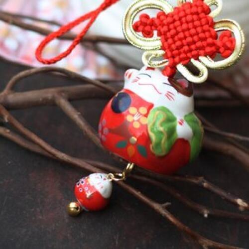 Interior Hanging Ornament Ceramic Maneki Neko Lucky Cat Fat Cat Crystal Sleutelhanger Car Pandent Key chain Chaveiro Decoration