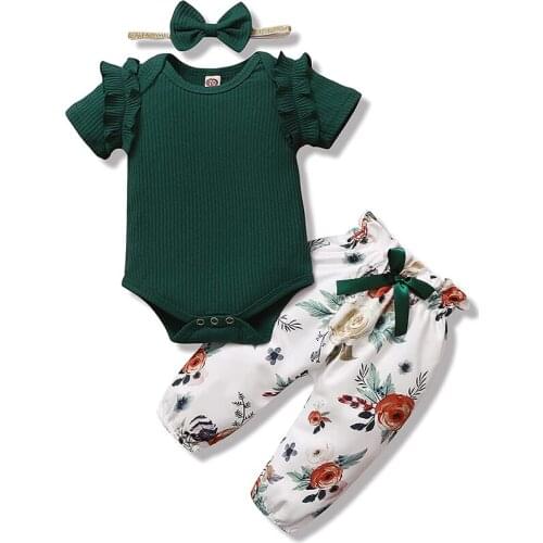 Newborn Infant Baby Girl Clothes Romper Onesie Floral Pant Outfits Set Cotton Baby Girl Clothes Baby Girls' Pant Sets Dark Green