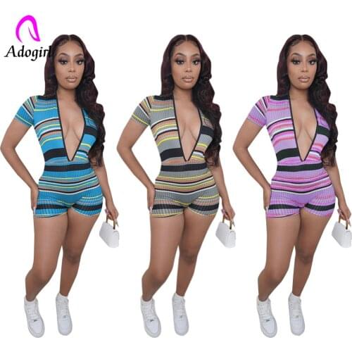 Ribbed Women Knitted Rompers Fitness 2021 Summer Short Sleeve Stripe Skinny Biker Playsuit Sexy Deep V Neck Club Party Jumpsuit
