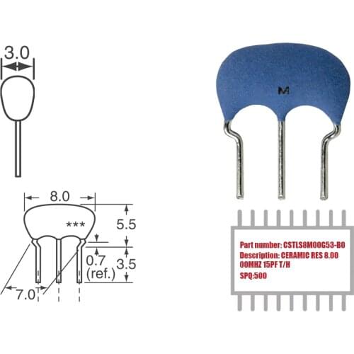 MY GROUP Asia 500PCS CSTLS8M00G53-B0 8 MHz Built in Capacitor 15 pF ±0.2% 25 Ohms -20°C ~ 80°C Through Hole Ceramic Resonator