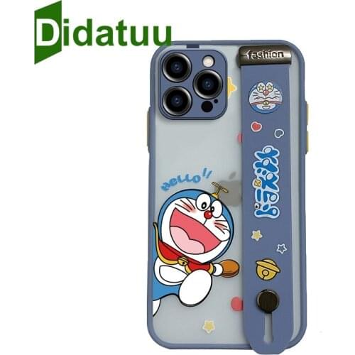 Cartoon Doraemo Wrist Strap Phone Case For iphone 12 Pro Max 11 11ProMax XR XS 7 8 Plus SE Soft TPU Capa Holder Shell Cover