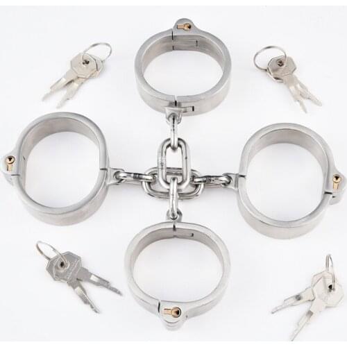 Stainless Steel Handcuffs Ankle Cuff With Chain Stealth Lock Hand Cuffs Wrist Restraints Fetish Slave BDSM Sex Toy for Women Man
