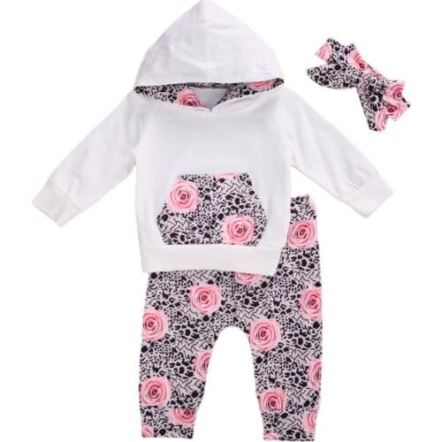 New Baby Girl Hooded Sweater + Printed Trousers + Bow Headband, Sweet Style with Big Pocket Spring Outfit