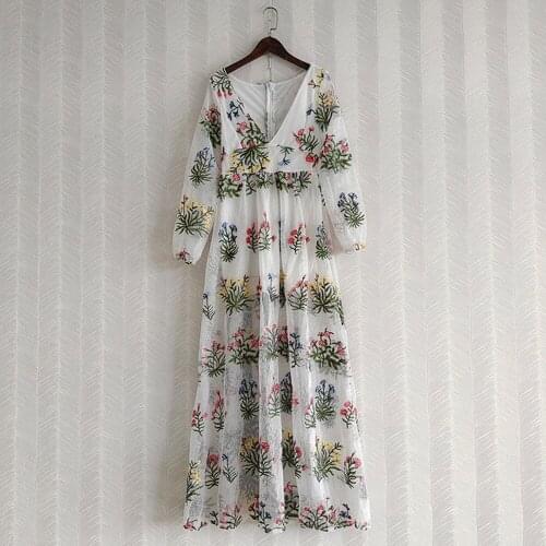 Autumn Womens Bohemia floral embroidery V-neck dress B920