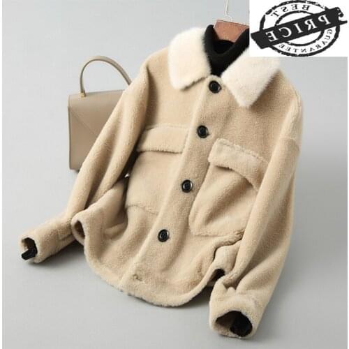 Parka Real Fur Sheep Shearing Coat Female Mink Fur Collar Winter Natural Wool Jackets Women Short Warm Clothes LWL13a6