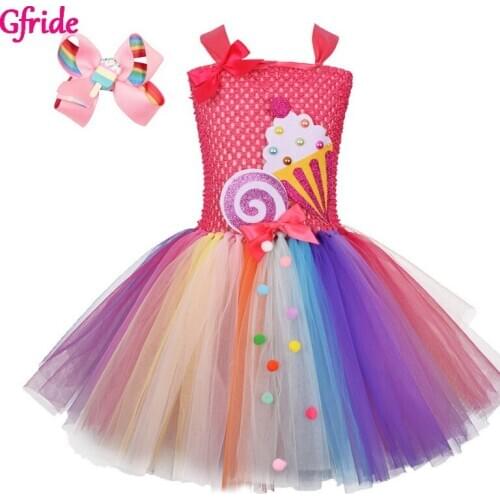 Rainbow Candy Fairy For Girls Birthday Party Clothes Kids Rainbow Lollipop Flower Tutu Dress and Headband Mardi Gras Carnival