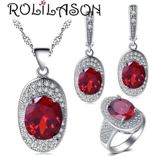 ROLILASON Precious Red Zircon For Ladies silver Earrings Necklace pendant Rings Jewelry Sets USA size #6#7#8#9#10 JS712