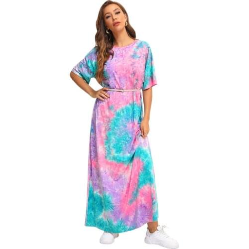 Fridayin Tie-Dye Printed Loose Belt Long Dress Women Short Sleeve Maxi Dress Elastic Casual Vestidos
