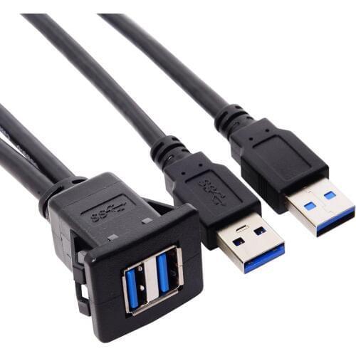 Waterproof Dual USB 3.0 Extension Latch Mount Car AUX Cable 1m for Dashboard Panel