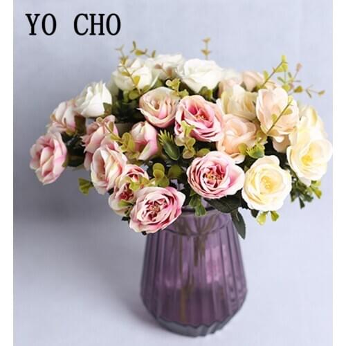 YO CHO Artificial Flower 10 Heads Silk Rose Fake Mini Bouquet Champagne Flower Arrangement Home Party Wedding Table Decoration