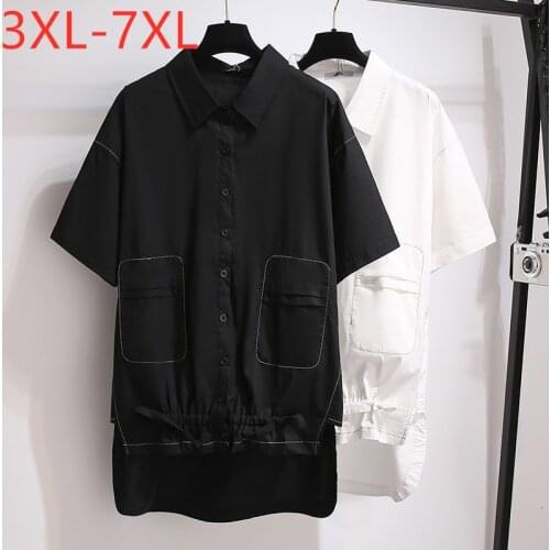 New 2021 Ladies Summer Plus Size Tops For Women Large Short Sleeve Loose Cotton Black White Pocket Shirt 3XL 4XL 5XL 6XL 7XL