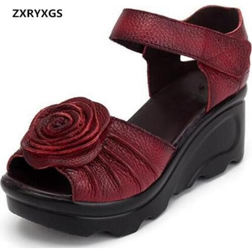 2021 New Fish Head Summer Women Sandals Genuine Leather Shoes Comfortable Platform Wedges Sandals Classic Flower Fashion Sandals