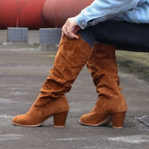 Women High Heel Western Cowboy Boots Autumn Knee High Slip-on Pleated Brown Boots Ladies Fashion Pointed Toe Long Shoes 2021 New