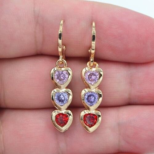 Fashion Jewelry Gold Color Colorful Cubic Zirconia Rainbow CZ Love Hearts Drop Earrings for Women