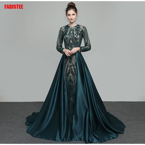 Hot sale Elegant Muslim Green Long Sleeves Evening Dresses With Detachable Train Sequin Bling Moroccan Kaftan Formal Party Gown