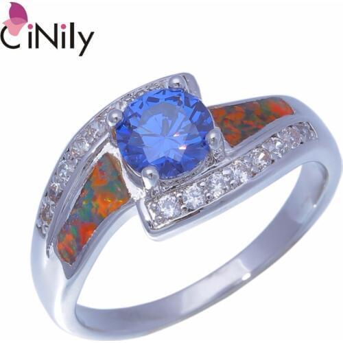 CiNily Created Orange Fire Opal Cubic Zirconia Silver Plated Wholesale for Women Jewelry Gift Ring Size 6.5-8.5 OJ9364