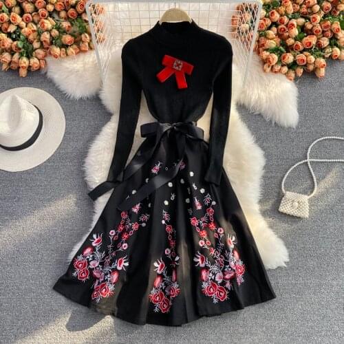 Amolapha 2021 Stand Collar Long Sleeve Bow Embroidery Patchwork Stretch Knitting Sweet Fashion Party Ballgown Dress For Women