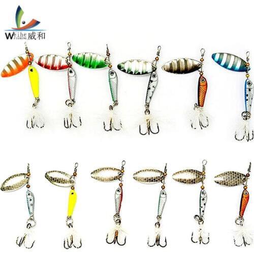 12pcs/lot 5cm Colorful Stainless Steel Lead Fish Spinner Bait Metal Spoon Fishing Lure Spinnerbait with Feather Terble Hooks