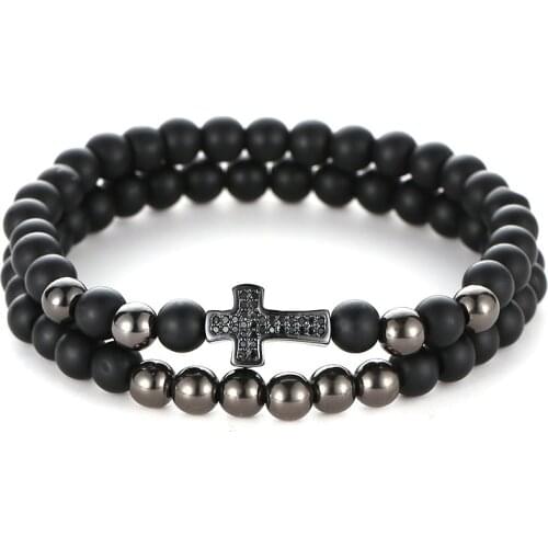 2 Pcs/set Noble 6mm Matte Black Stone Beads Bracelet Pave CZ 4 color cross Bracelets for Women&Men Charm Jewelry Pulseras Gift