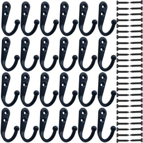 24 Pieces Coat Hooks Wall Mounted Robe Hook Single Coat Hanger No Scratch and 50 Pieces Screws Black
