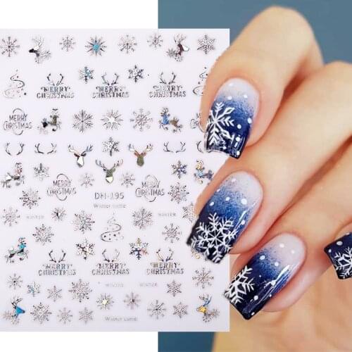 1Pcs Holographics Silver Snowflakes 3D Nail Stickers Christmas Laser Effect Elk Self Adhesive Transfer Sliders For Manicures Tip