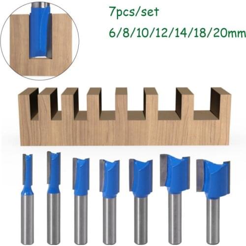 7pcs/set 6/8/10/12/14/18/20mm Router Bit Set For Wood Medium Carbon Steel Straight Milling Cutter Tool For Wood Carbide Alloy