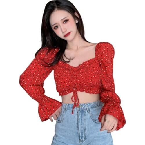 Retro Women Blouses Liva Girl Korean Square Neck Blouse Top Floral Sexy Umbilical Strap Long Sleeve Shirt Clavicle Exposed