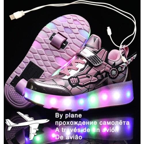 Children Two Wheels Luminous Glowing Sneakers Black Pink Red Led Light Roller Skate Shoes Kids Led Shoes Boys Girls USB Charging