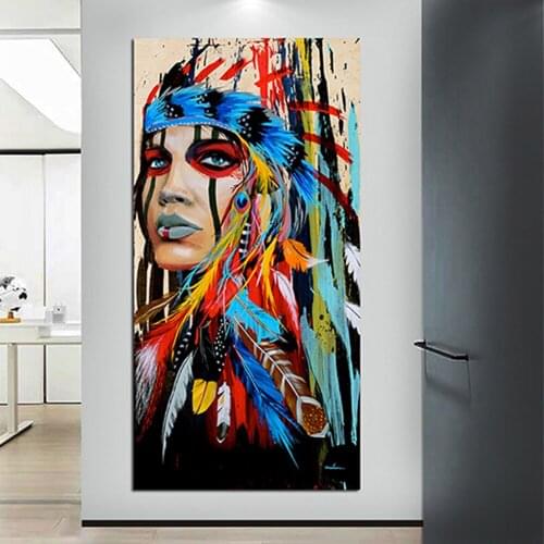 American Graffiti Woman Painting Modern Feathered Women Printed Canvas Painting For Living Room Poster And Prints Wall Decor