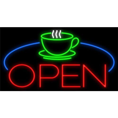 Coffee Cup Table Open Sign Custom Handmade Real Glass Tube Drink Bar Store Advertise Decoration Display Neon Signs 19"X10"