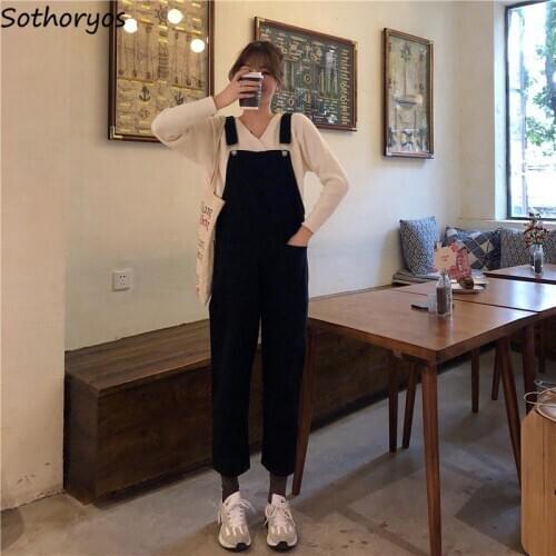 Jumpsuits Women Straps Ankle-length Solid Denim Trouser Womens Korean Style Pockets Girl Loose Student Elegant Fashion Chic New