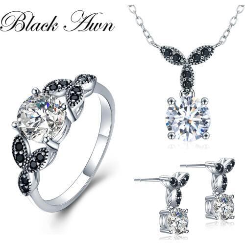 [BLACK AWN] 925 Sterling Silver Fine Jewelry Sets Round Engagement Sets Necklace+Earring+Ring for Women PTR035