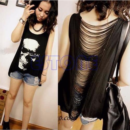 Fashion Gothic Skull Backless Sexy T Shirt Tank Vest Punk Rock Summer Singlet Tassel