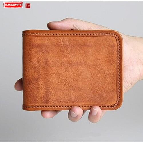 Retro Leather Mens Wallet Mael Short Wallet Cross Section Zipper Card Holder Coin Purse Vegetable Tanned Leather Wallets Tide