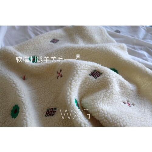 Soft Glutinous Milk White Geometric Fun Flower Embroidery Lamb Wool Sheep Autumn and Winter Clothing Fabrics Cloth DIY