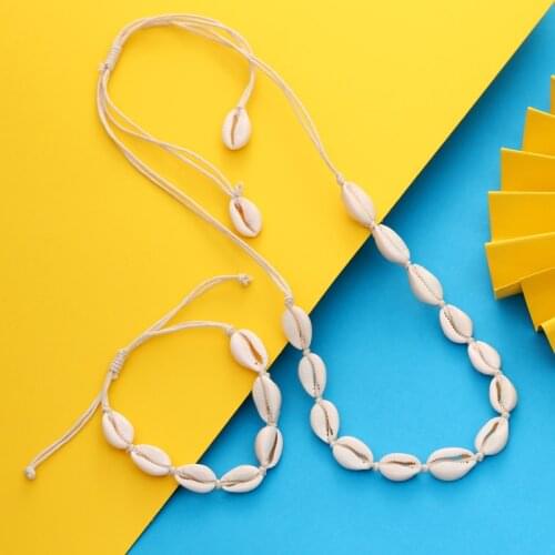 2 pc/set Shell Bracelet Necklace Set Bohemian Adjustable Hand Knit Rope Necklaces for Girl Friendship Beach Seashell Jewelry