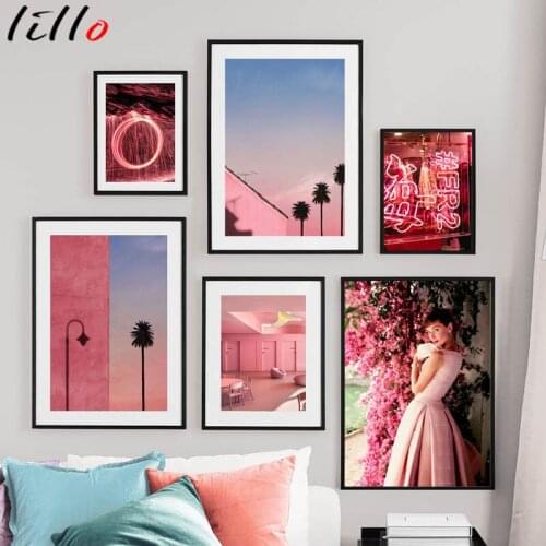 Pink city flower light beach photo girl Wall art painting on canvas nordic posters and prints wall pictures for living room deco