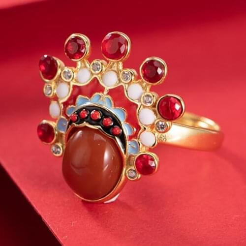 Original Design Chinese Traditional Culture Peking Opera South Red Tourmaline Open Ring Charm Charming Womens Brand Jewelry