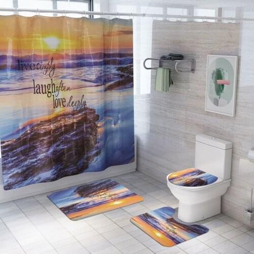 Beach Sunset Printed 4pcs/set Bathroom Shower Curtain Toilet Cover Mat Charming Landscape Water Absorbing Foot Pad Home Decor