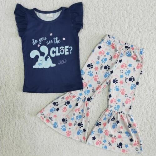 Spring and fall Wholesale RTS hot sale Clothing Holiday Wear cartoon duck blue Sleeveless Top and Bell Pants Boutique Outfits