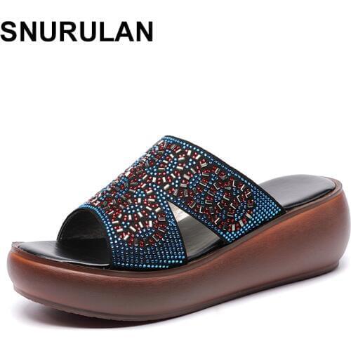 SNURULANGenuine Leather Women Slippers Wedge Rhinestones Mid Heel Peep Non-Slip Toe Retro Casual 2020 Ladies Shoes Zapatos De Mu